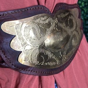 Vintage Leather and Brass Engraved Sheld Belt Brown Leather